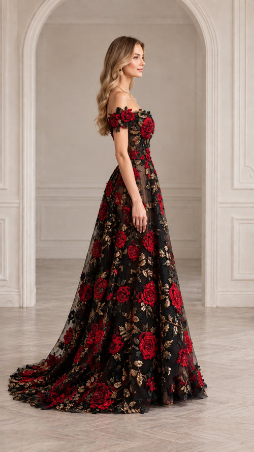 Side profile view of elegant black floral embroidered evening gown