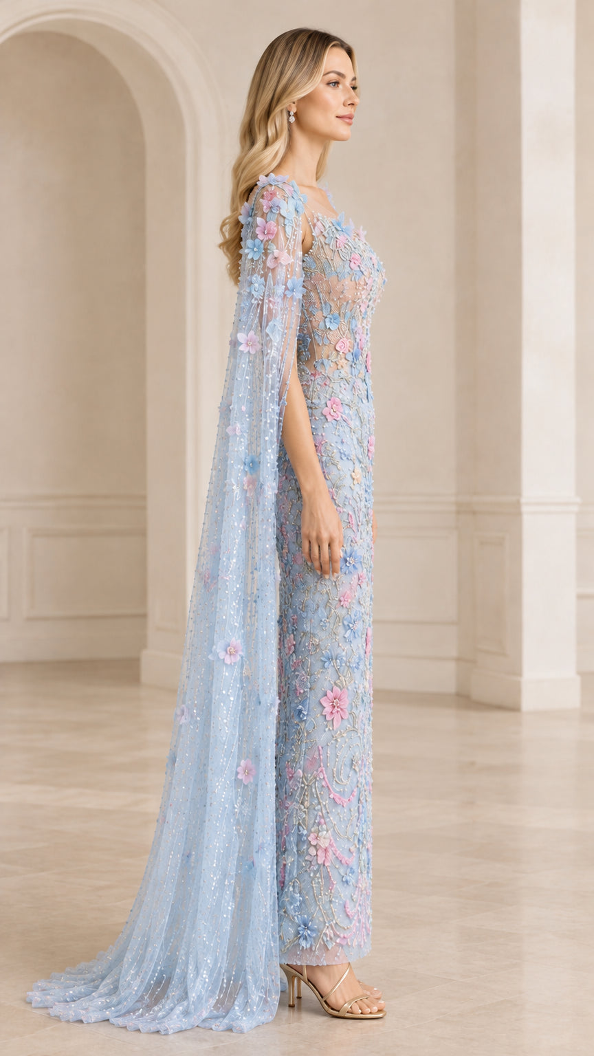 Side profile of model in light blue sequined cape maxi dress