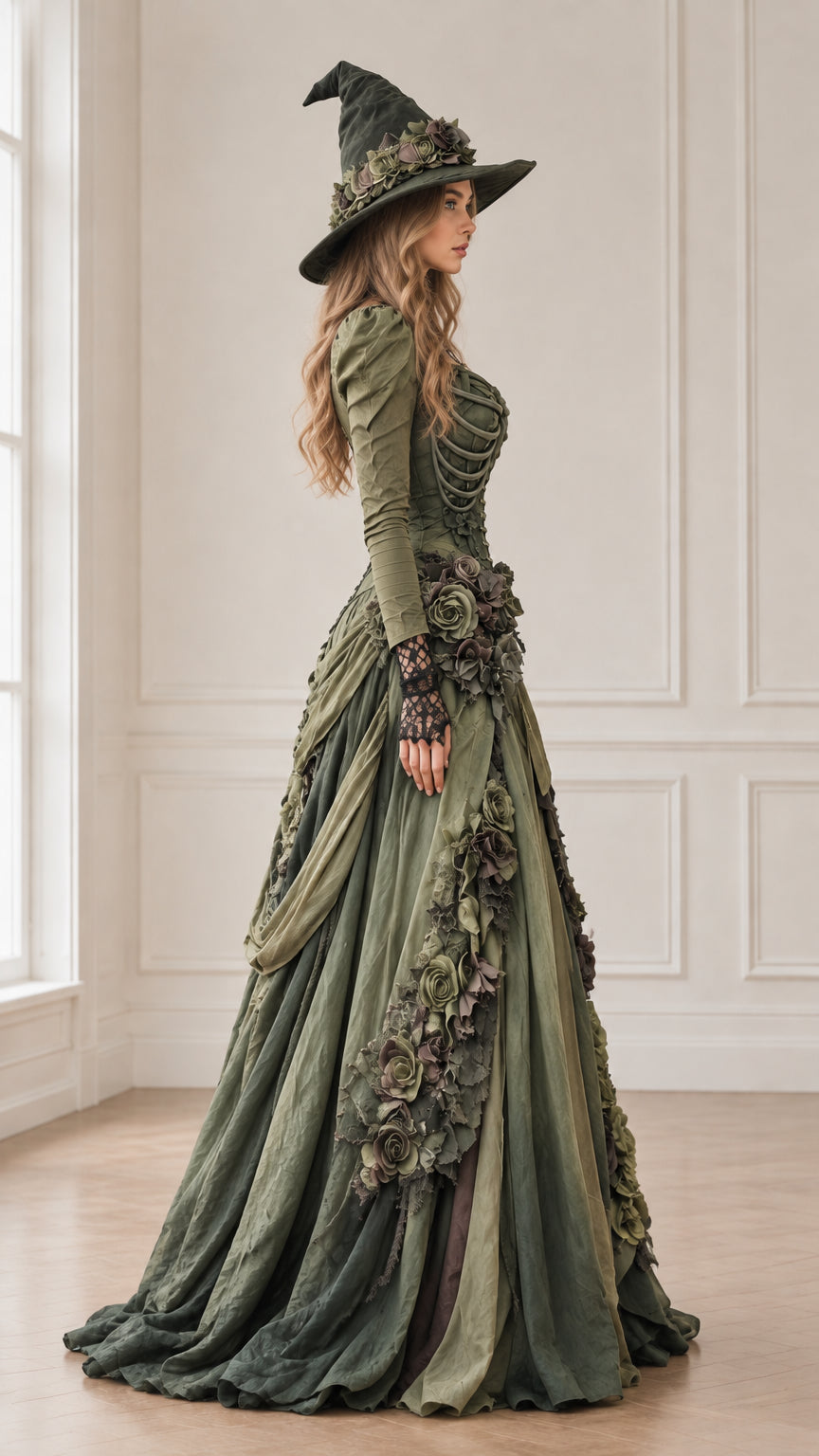 Side profile view of the moss green gothic gown showing multi-layered cascading skirt drapery