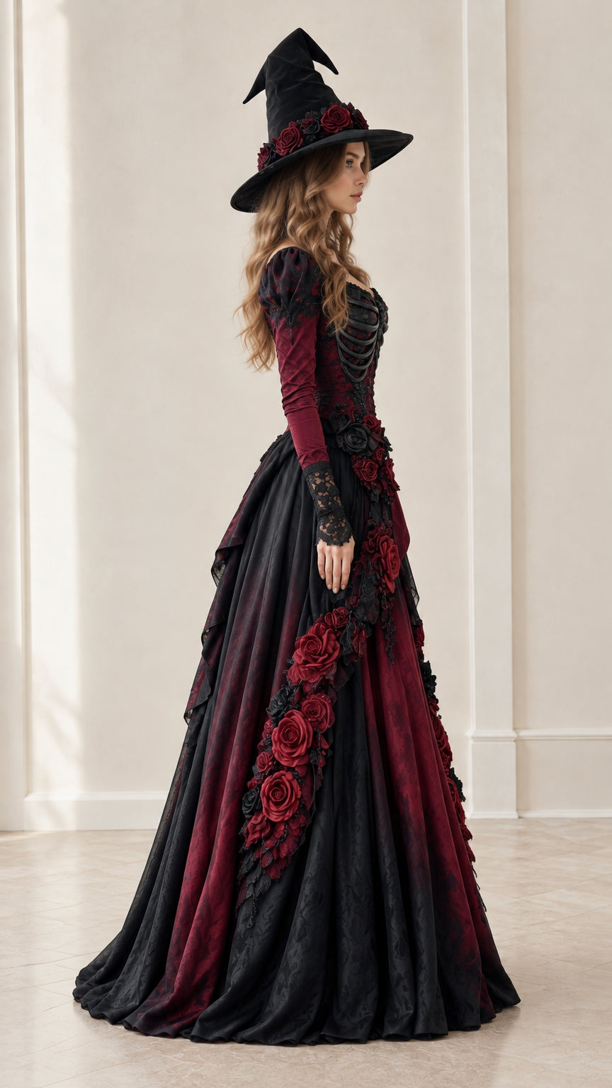 Side profile of burgundy gothic witch gown showing draped ballgown skirt and floral details