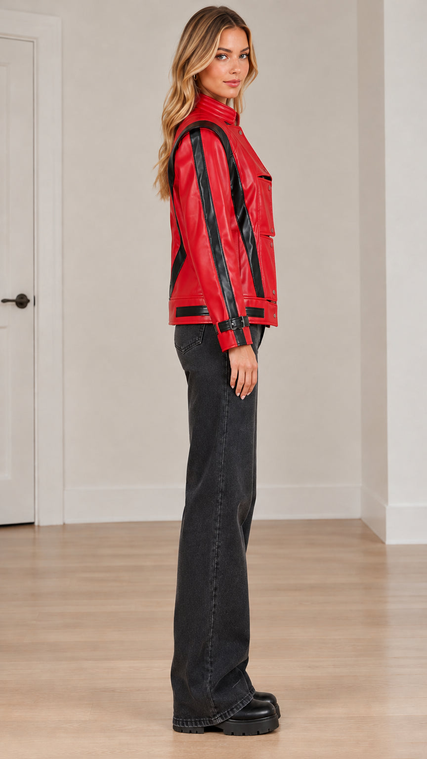Side profile view of red faux leather moto jacket showing striped sleeves and buckle detail