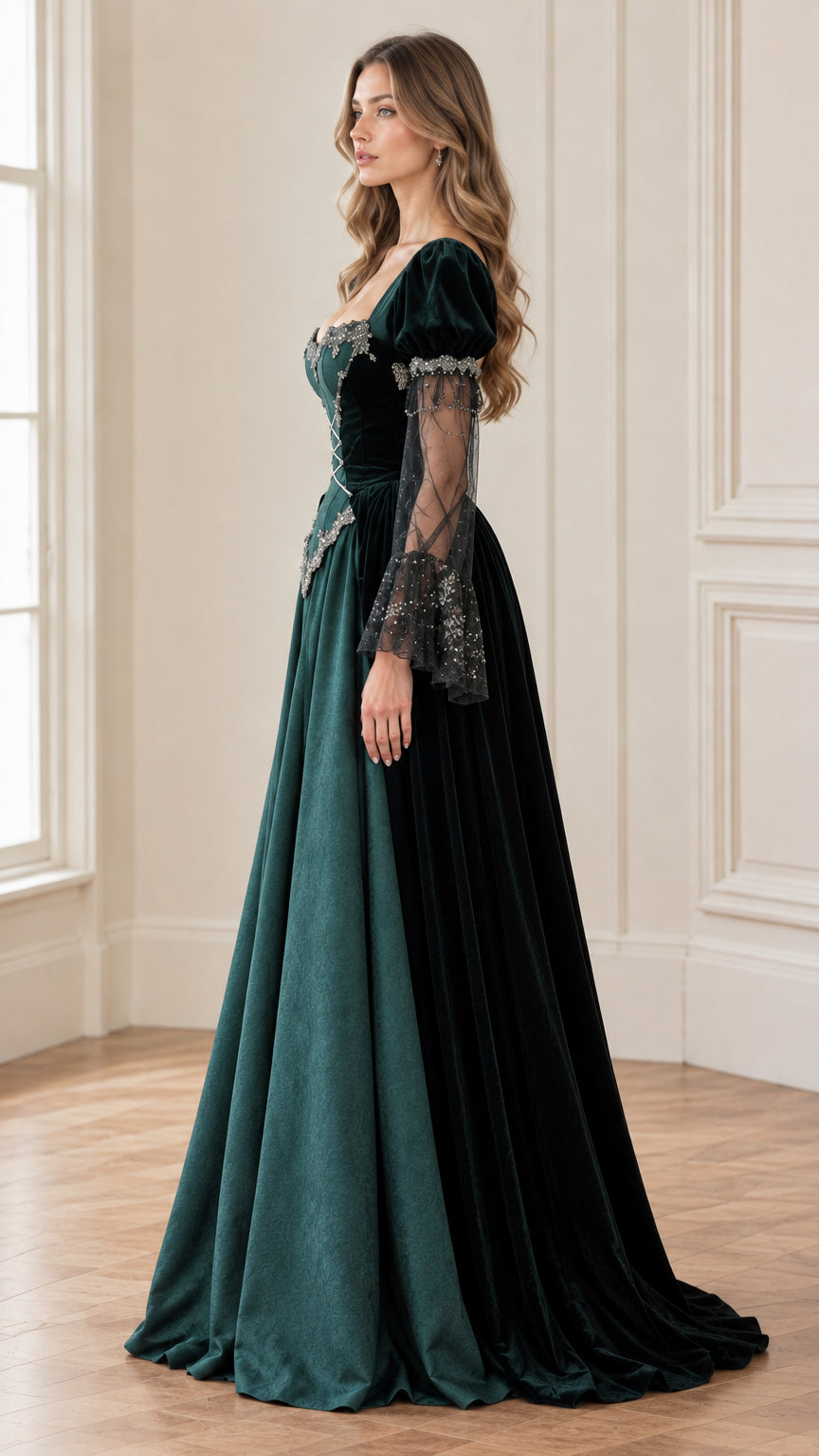 Side profile view of emerald green Victorian corset maxi gown