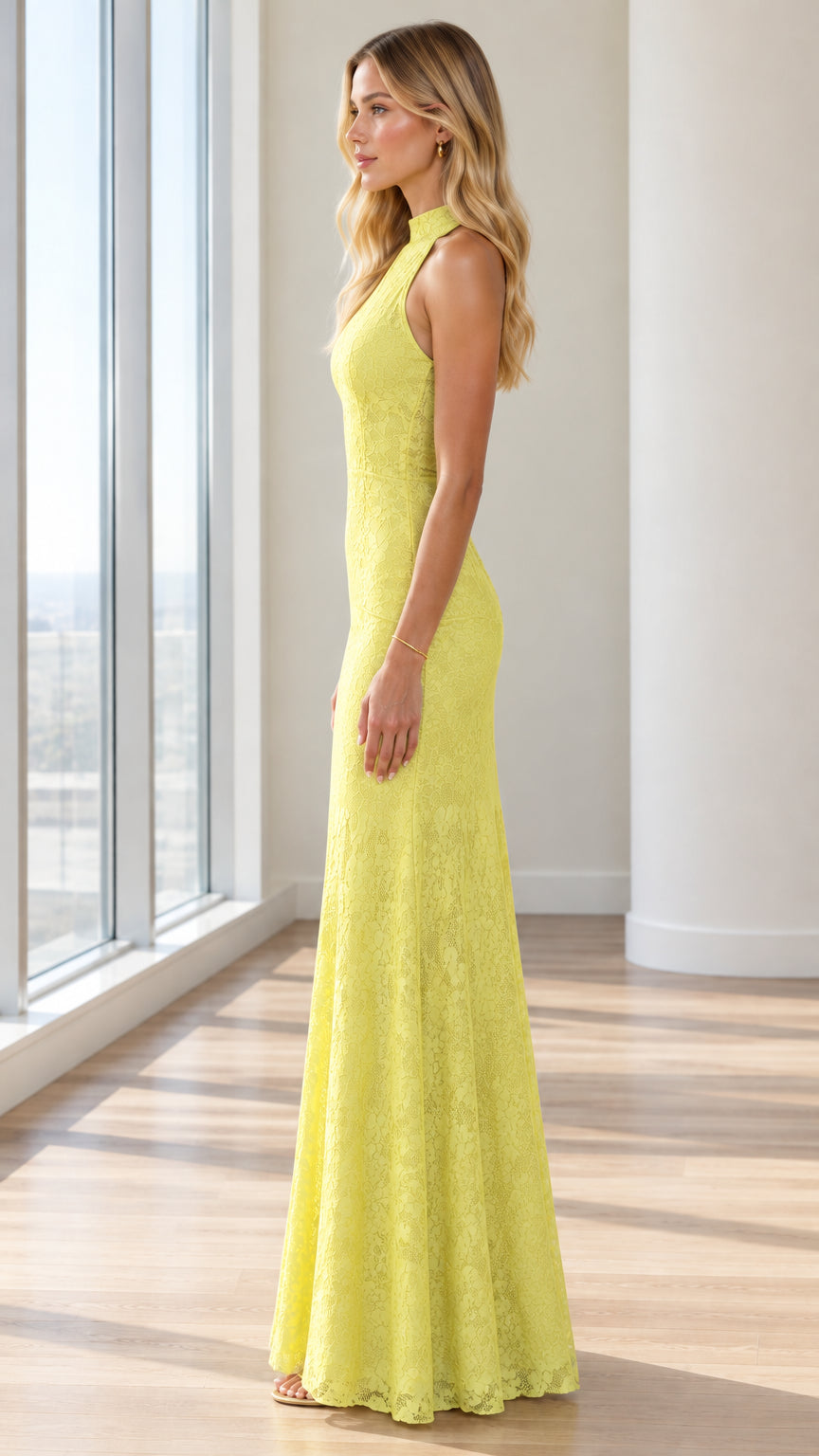 Side profile view of yellow high-neck floral lace floor-length formal gown