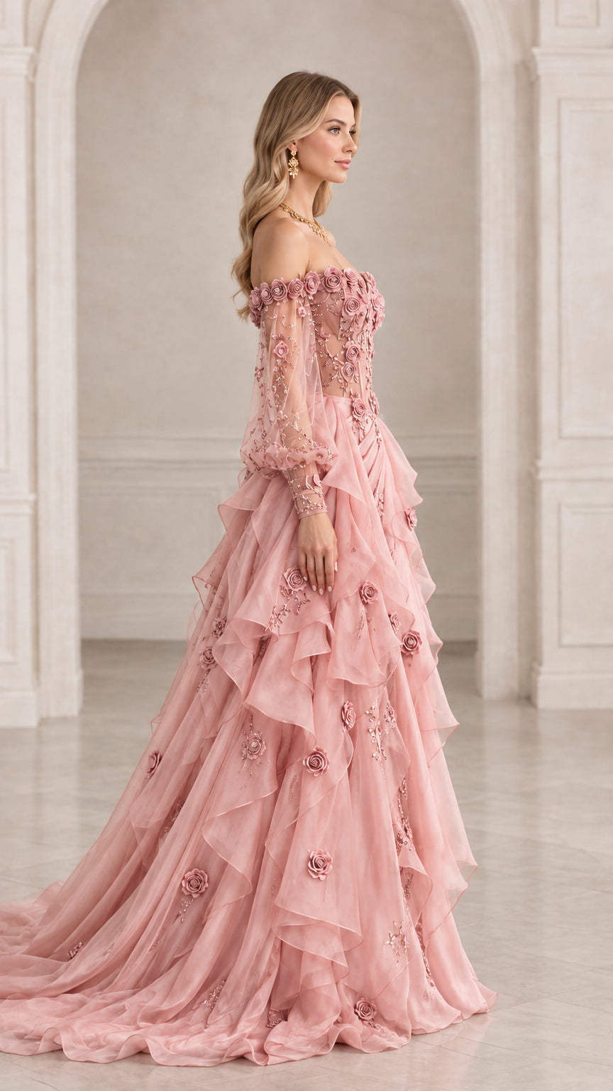 Side view of dusty pink floral evening gown highlighting cascading ruffled train and silhouette