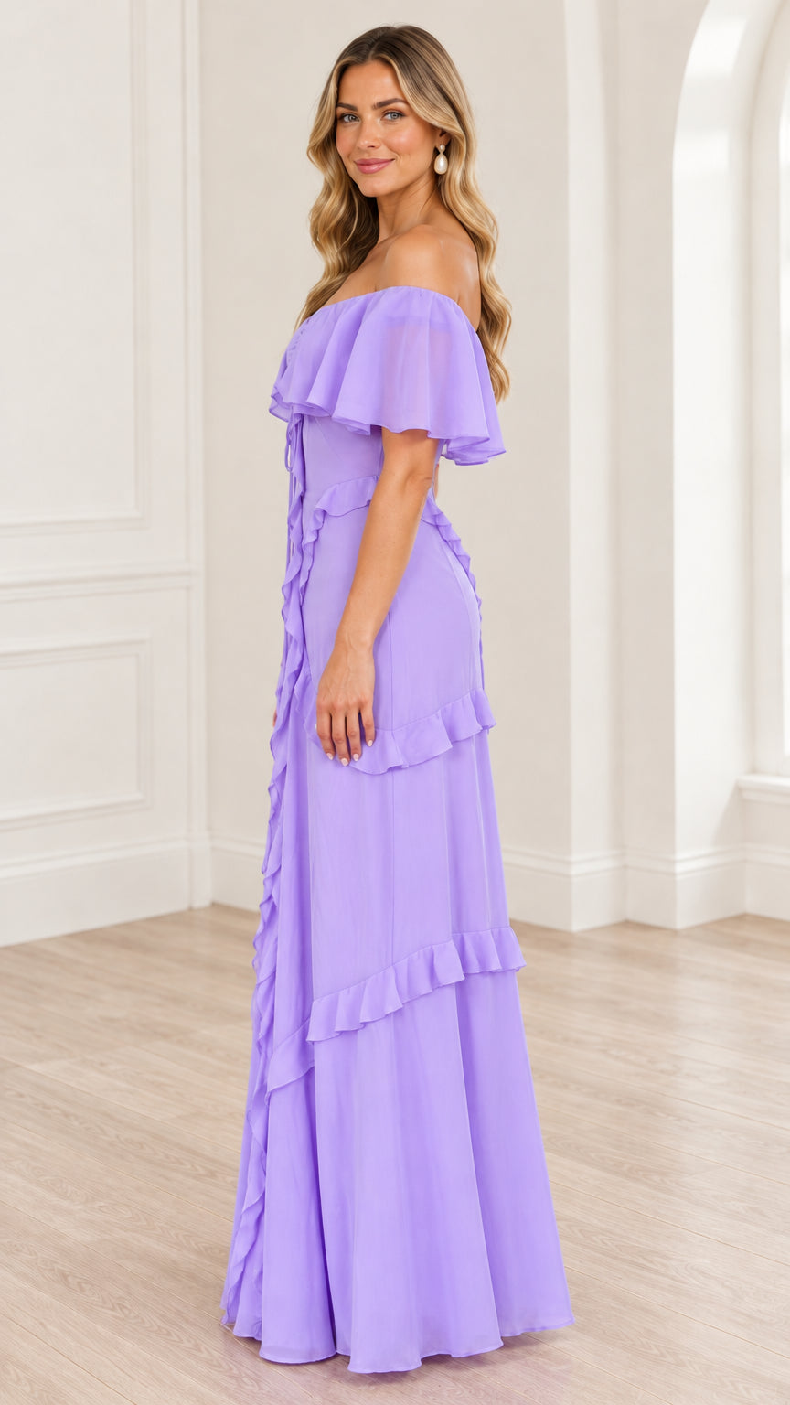 Side profile view of woman wearing lavender off-the-shoulder ruffle maxi dress