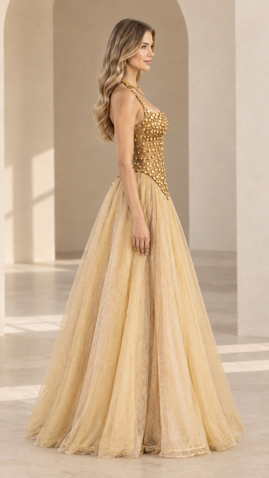Gold halter beaded evening gown side profile view
