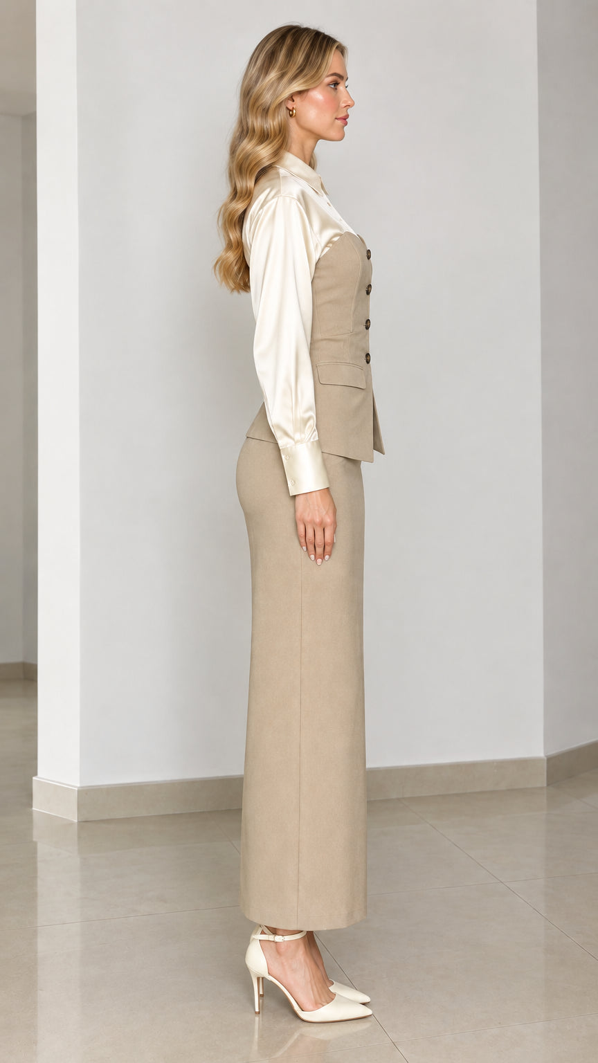 Side profile view of model wearing beige two-piece corset vest and maxi skirt set