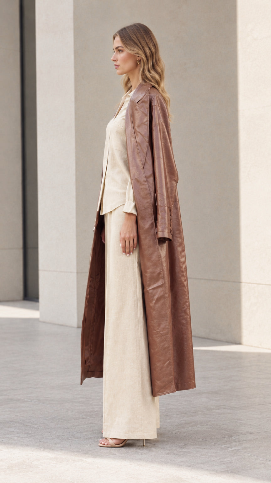 Side profile view of the brown duster coat layered over beige blouse and matching pants