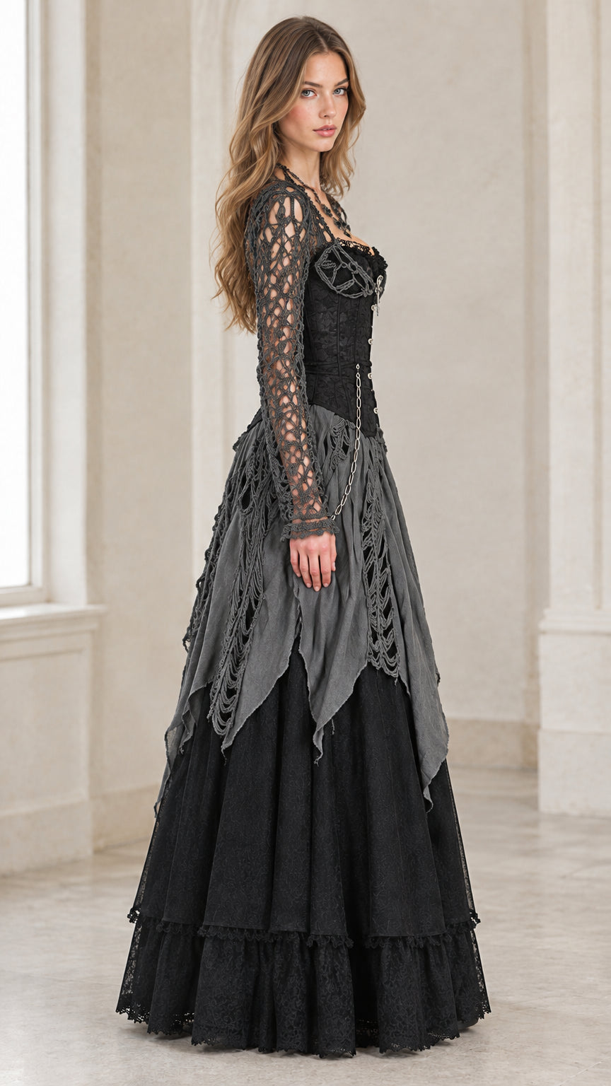 Side profile view of woman wearing black Victorian gothic maxi dress with tiered skirt