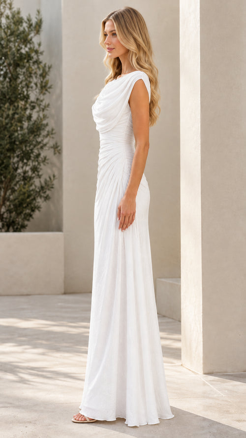 White cowl neck ruched maxi evening dress side profile