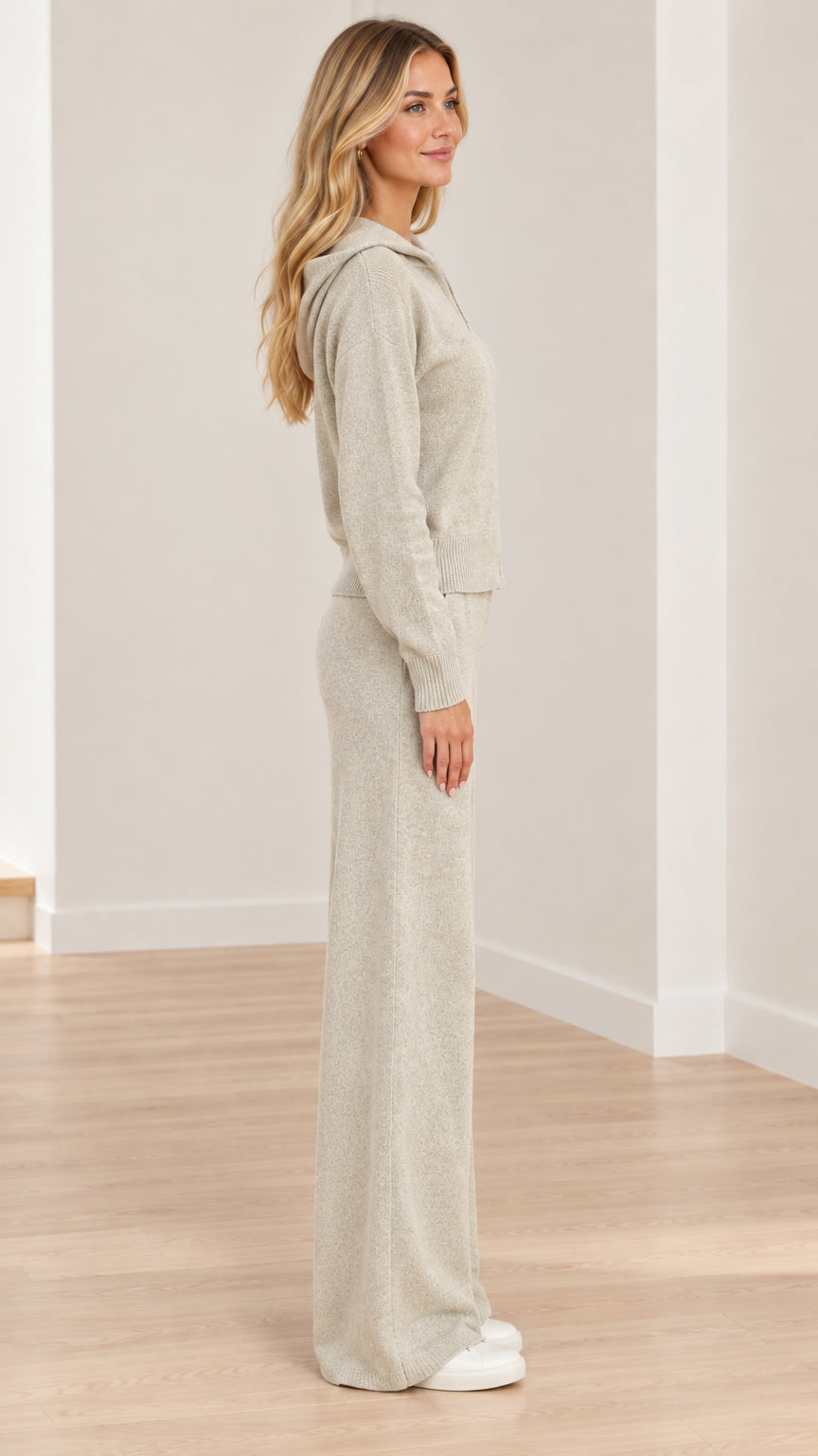 Side profile view of model wearing Oatmeal knit two-piece loungewear set