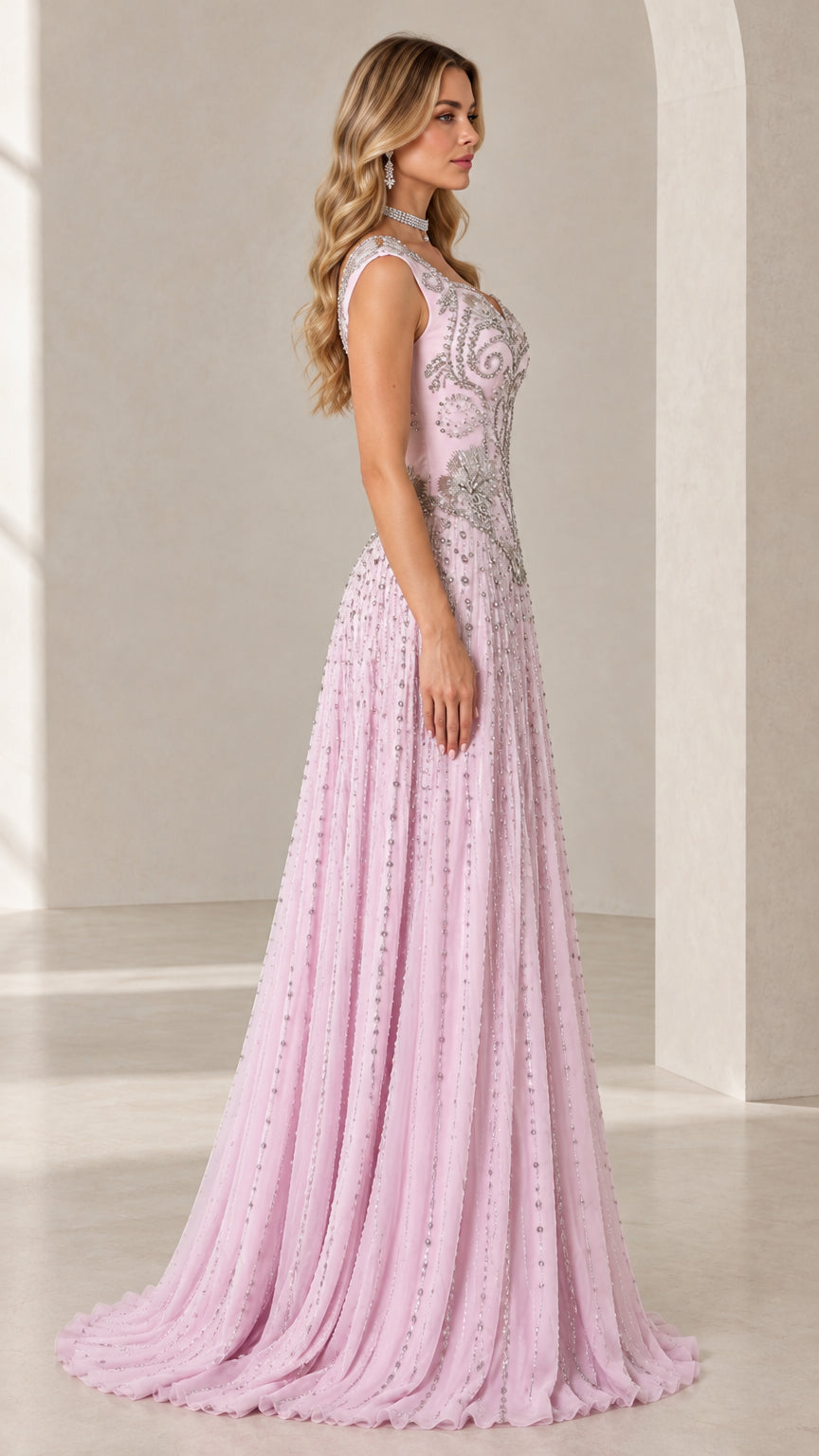 Side profile view of model wearing Blush Pink floor-length embellished evening gown