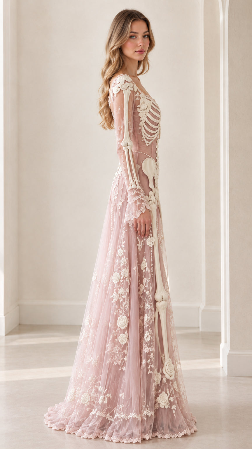 Side profile view of dusty pink skeleton lace evening gown
