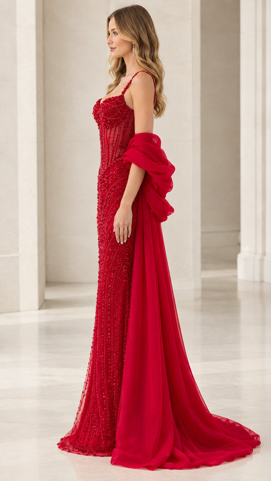 Side profile view of red crystal embellished mermaid formal gown with train