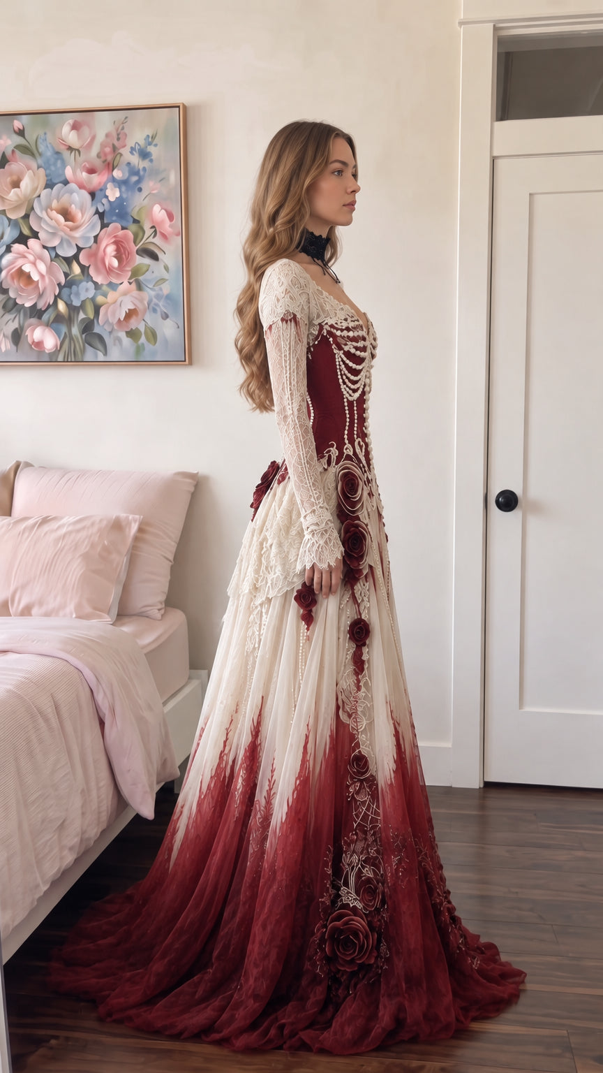 Side profile view of burgundy ombre corset ball gown showcasing flowing tulle silhouette