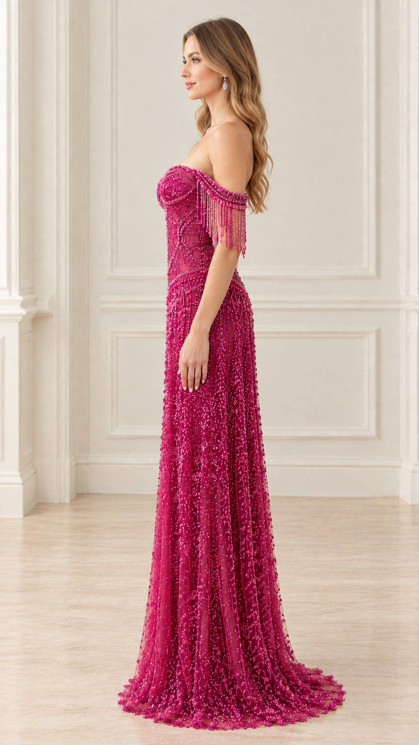 Side profile view of magenta beaded floor-length formal gown
