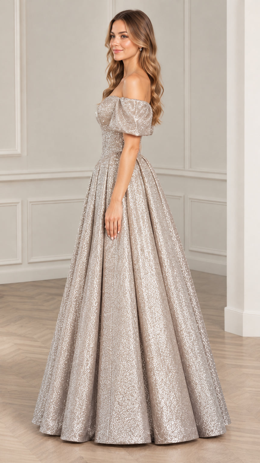 Side view of woman wearing Champagne sparkling off-the-shoulder formal maxi gown