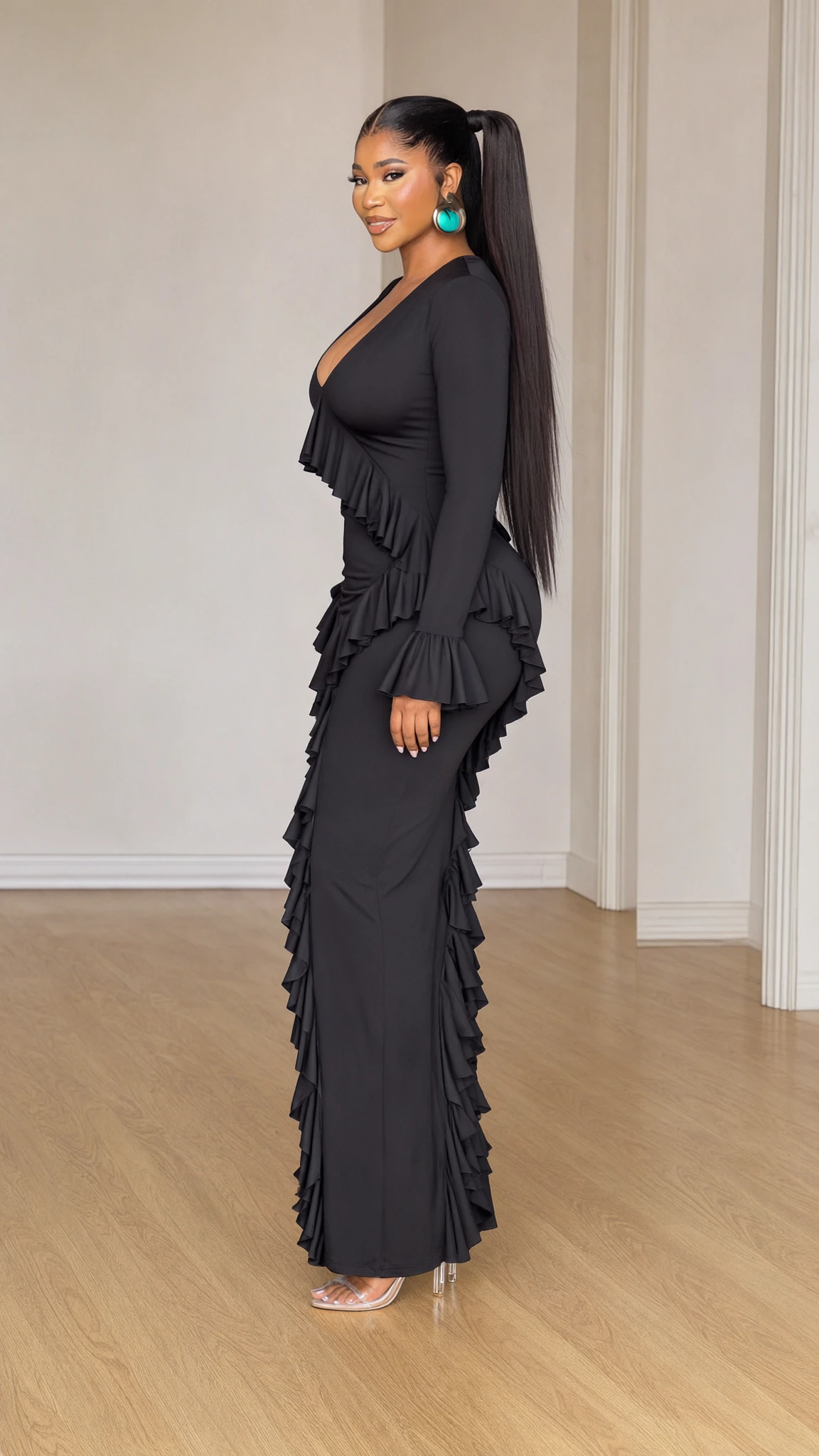 Side profile view of black long sleeve ruffle maxi dress highlighting silhouette