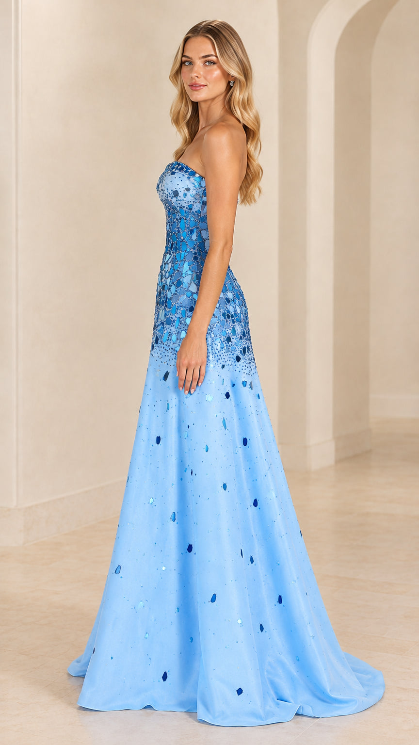 Side-angle view of woman wearing strapless sky blue sequin A-line formal gown