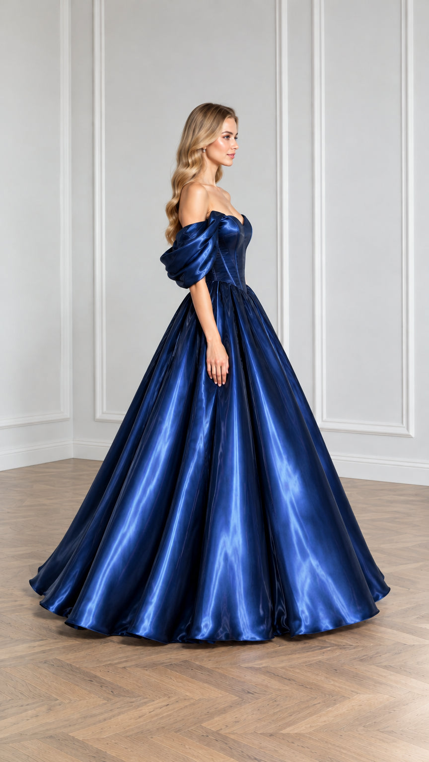 Side profile angle of model in navy blue satin corset evening gown