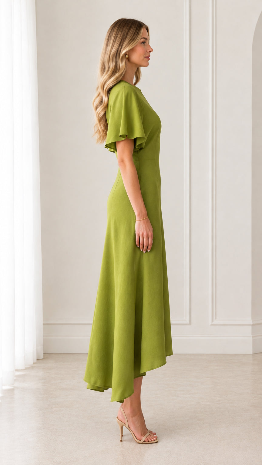 Olive green flutter sleeve midi dress - side profile view