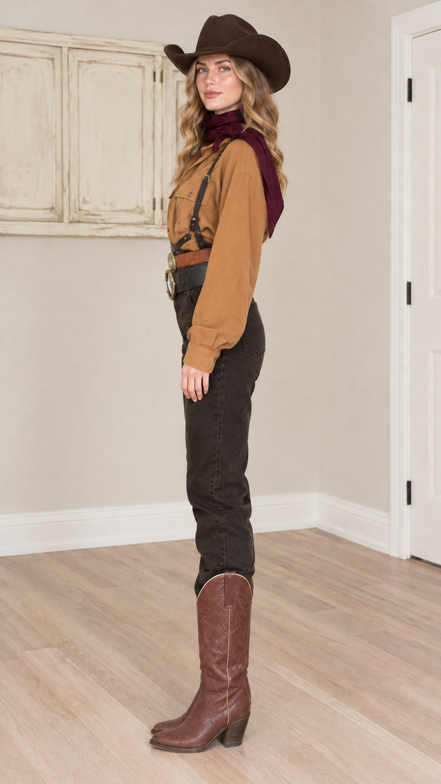 Side profile of woman wearing caramel western long sleeve utility shirt