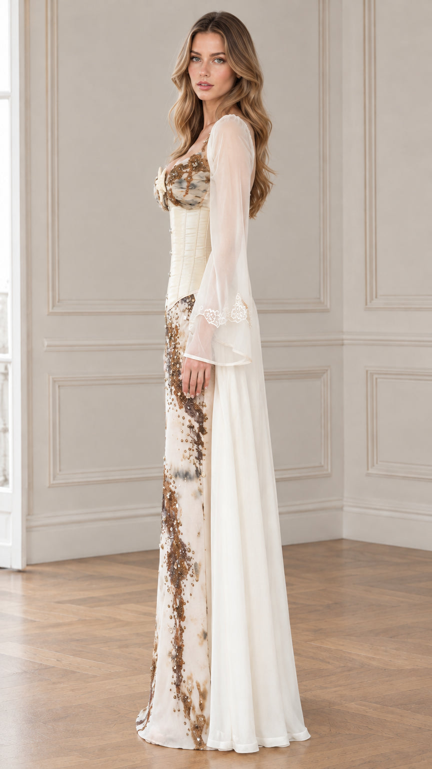 Side profile of woman in ivory corset maxi dress showing waistline and flowing drape
