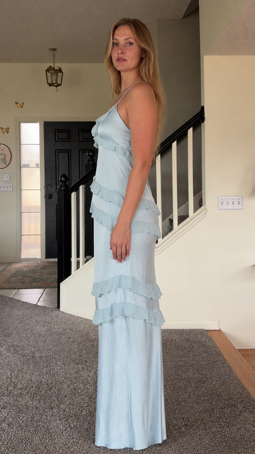 Light blue tiered ruffle satin maxi dress side view