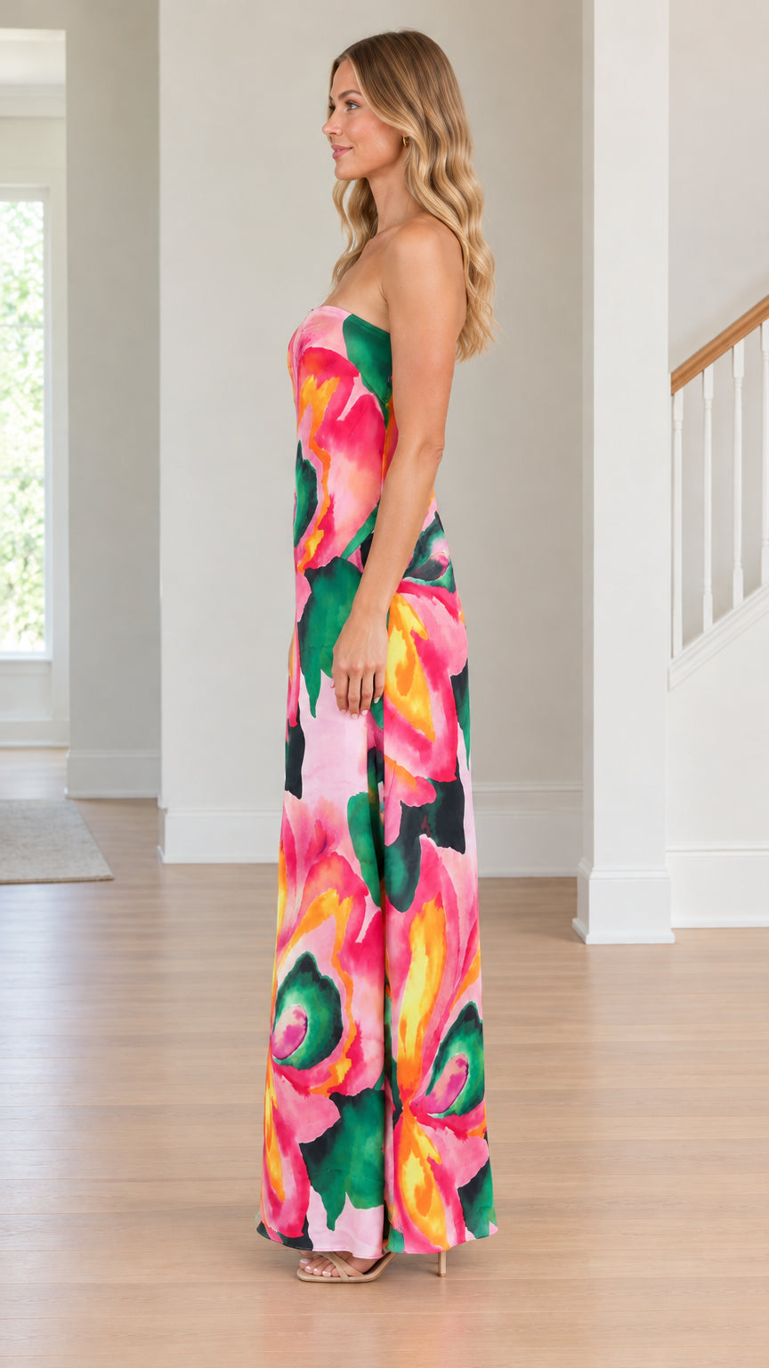 Side profile view of model wearing Light Pink strapless floral print maxi dress