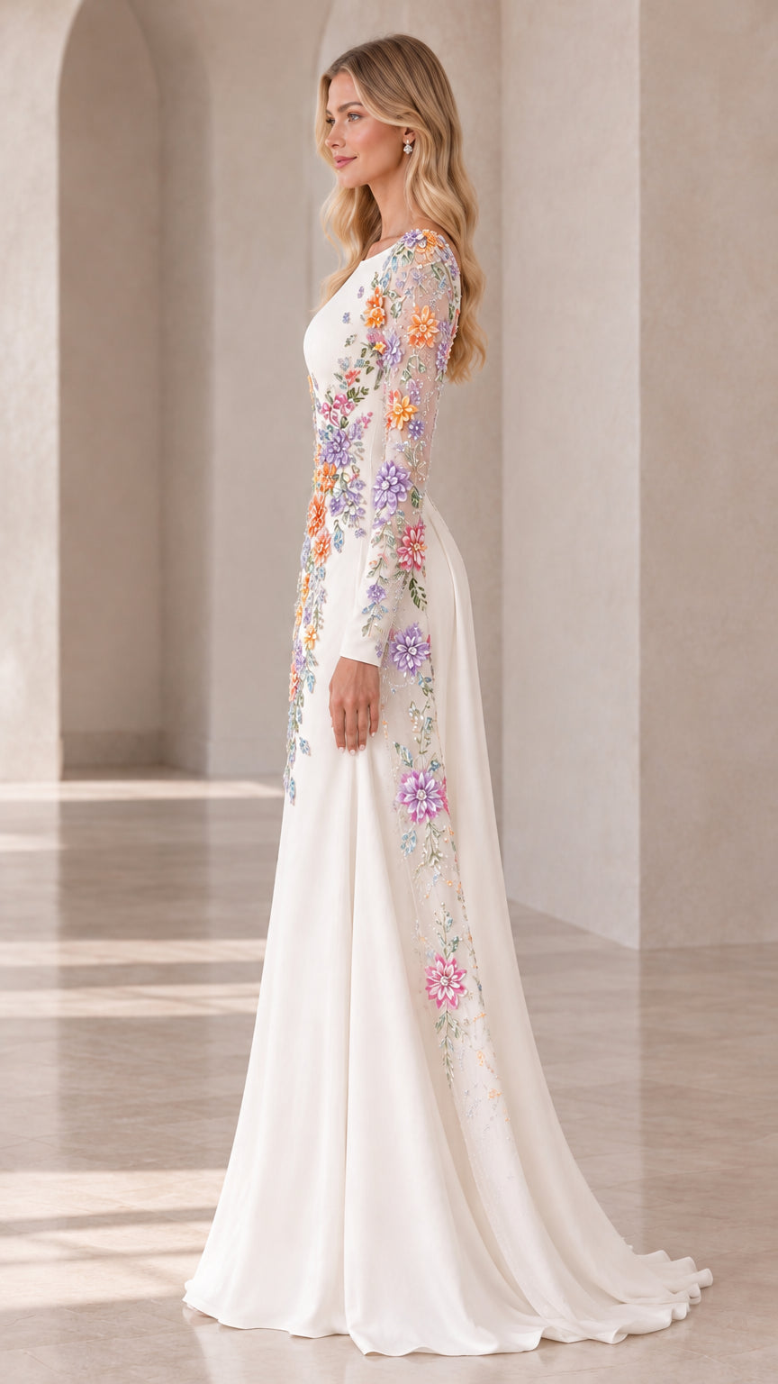 Side profile view of white floral embroidered gown showing flowing cape train