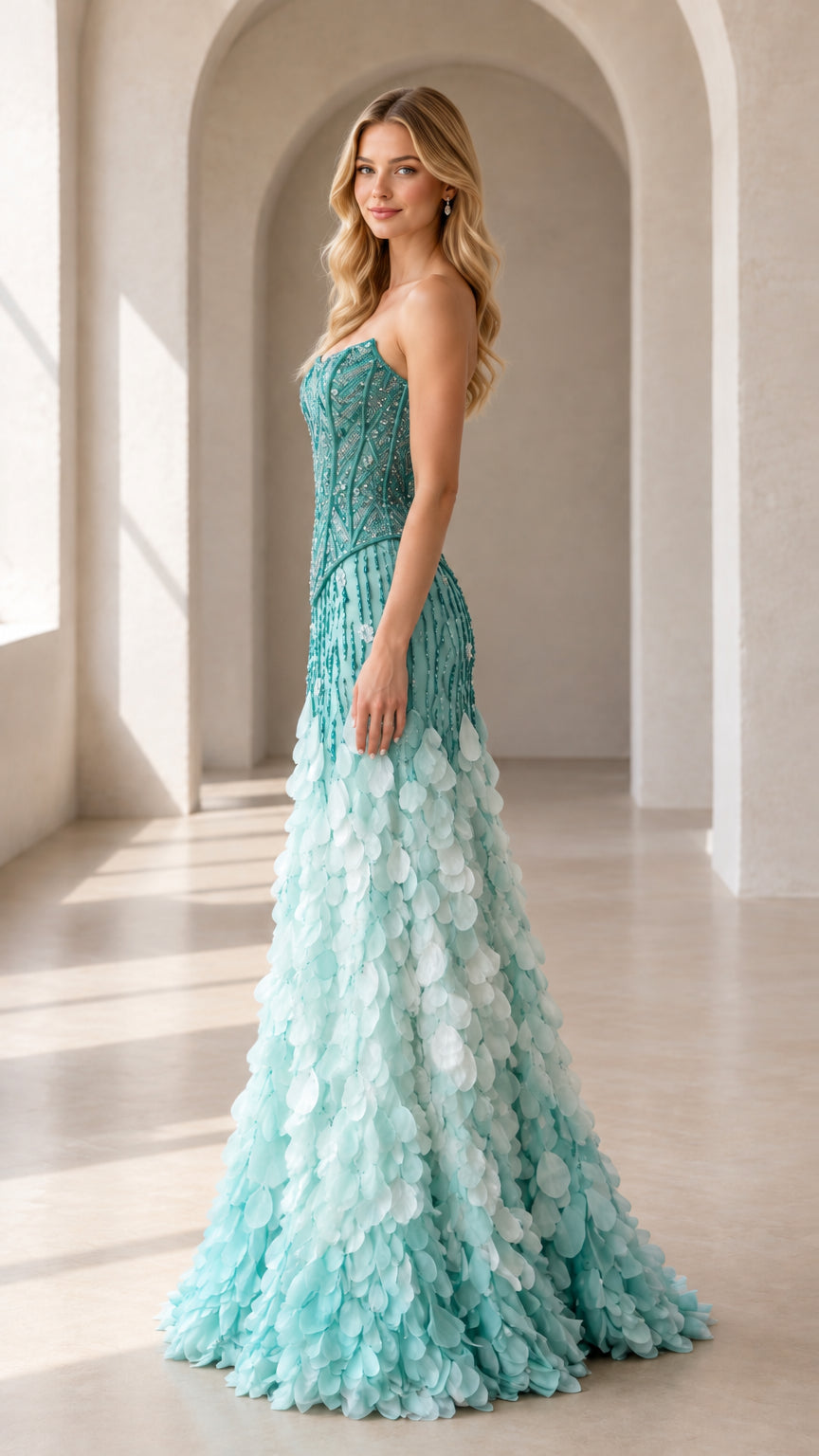 Side profile view of model in aqua teal strapless formal gown with textured petal skirt