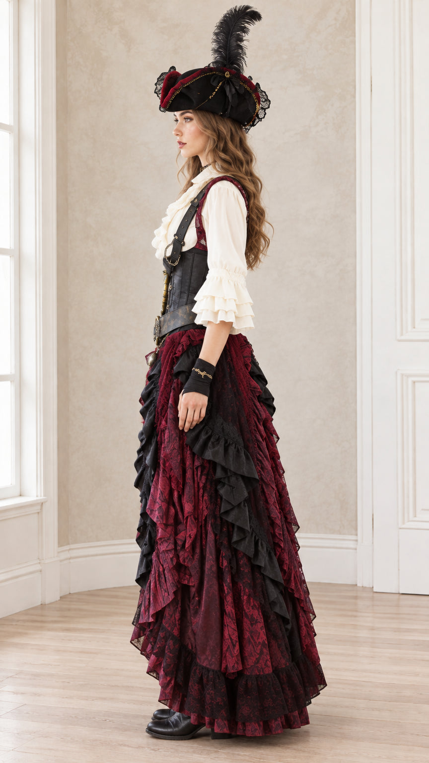 Side profile view of burgundy Victorian pirate costume showing high-low skirt drape
