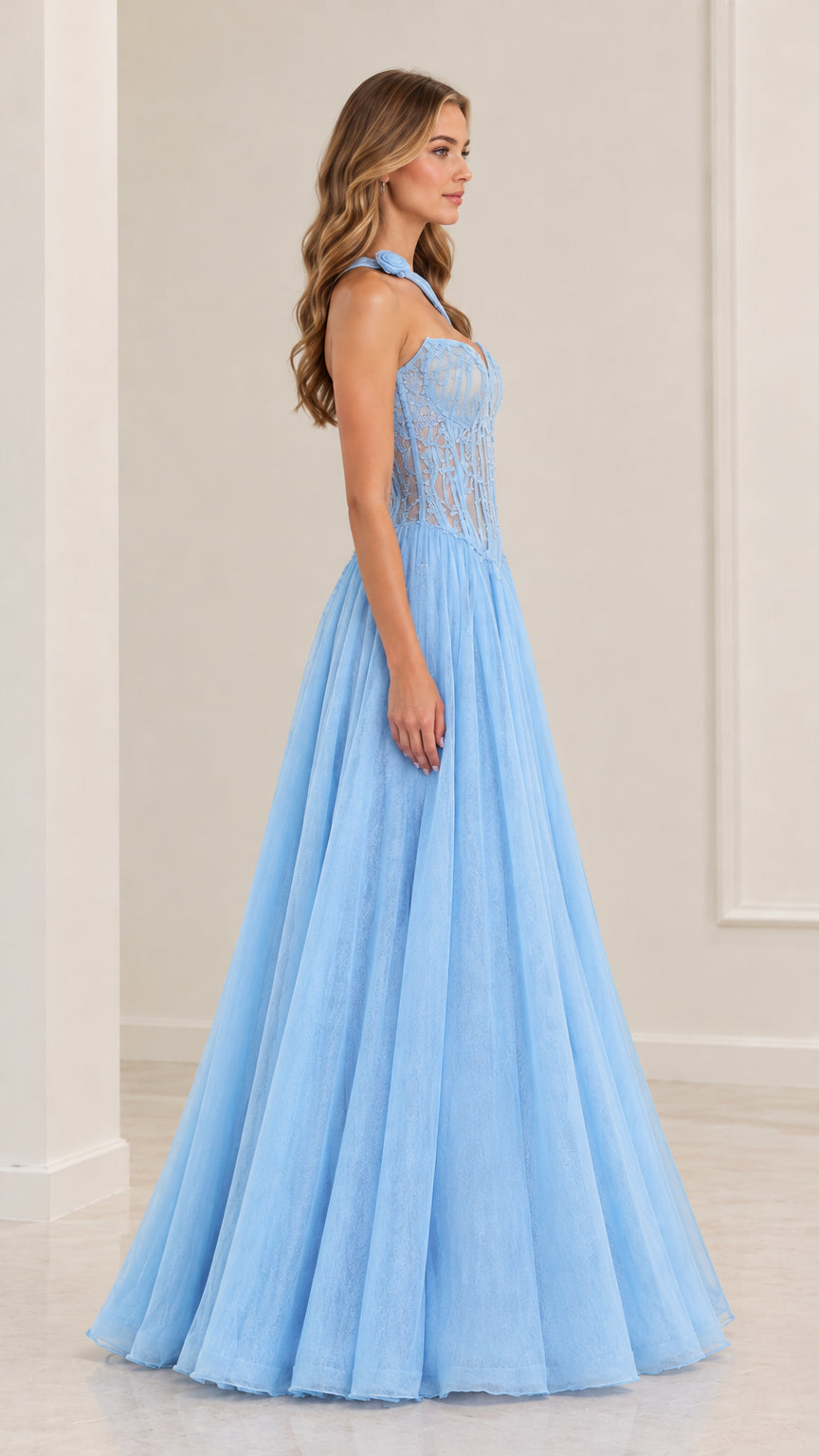 Side view of light blue A-line tulle gown with boned corset