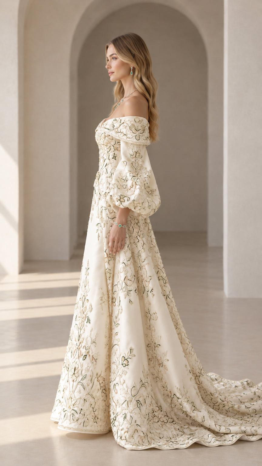 Side profile view of the ivory embroidered evening gown showcasing dramatic train and silhouette