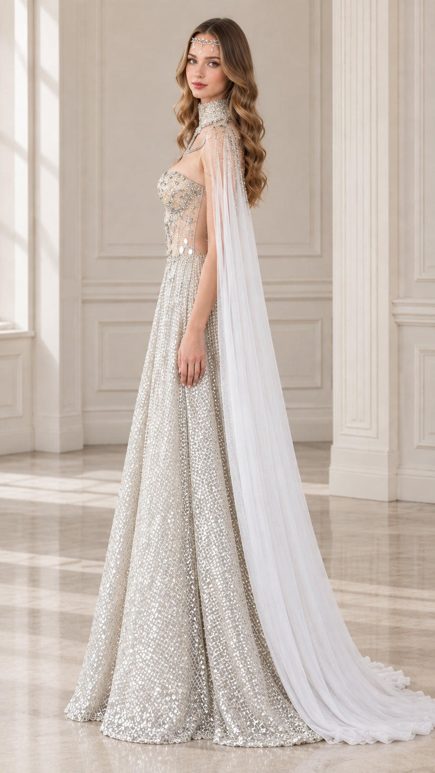 Side profile of model in sparkling silver formal gown with floor-length sheer cape
