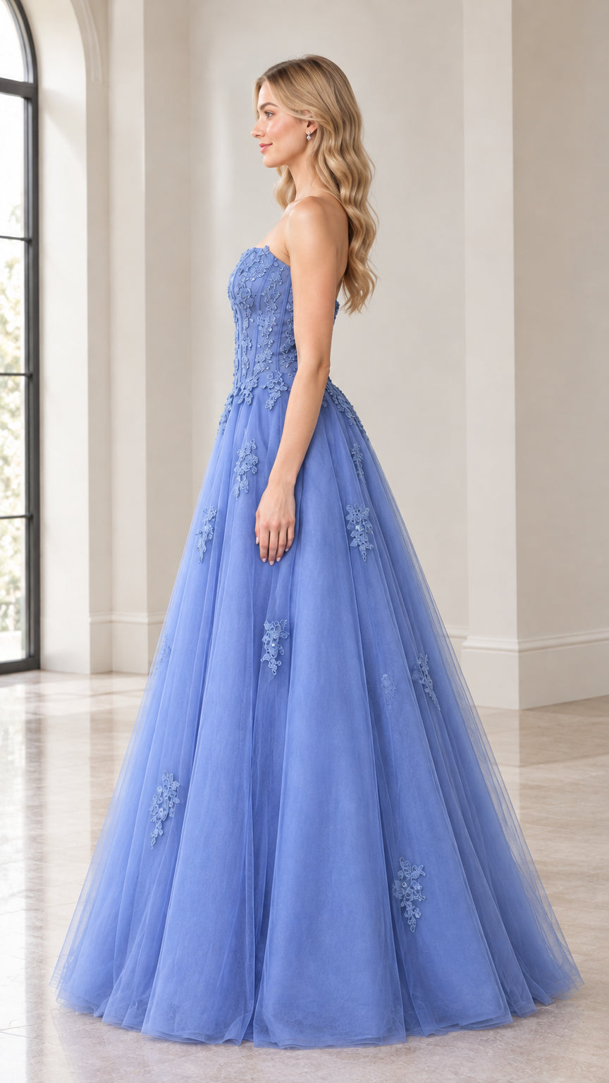Side profile view of blue strapless lace ballgown evening dress