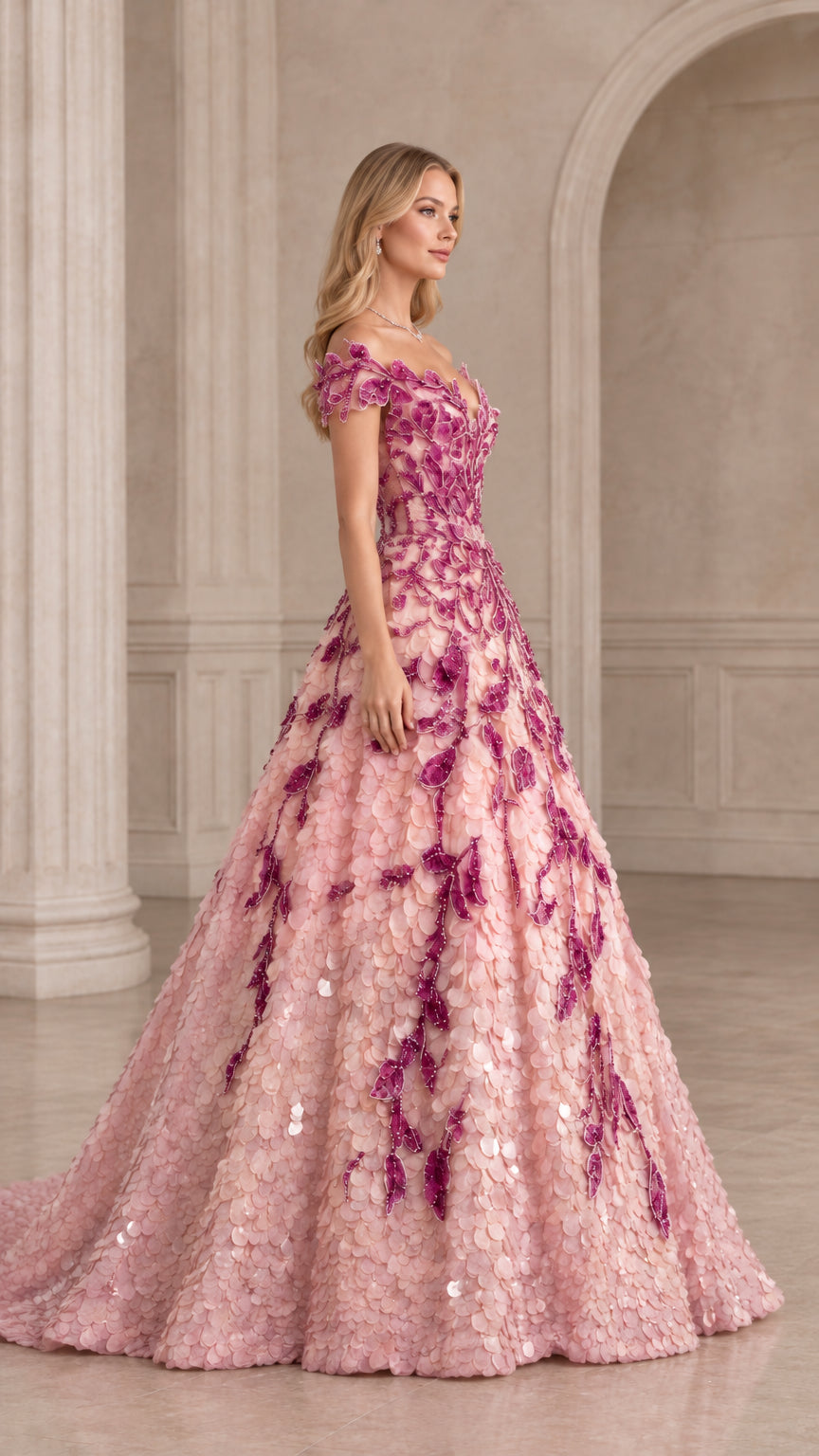 Side angle view of the light pink floral sequined evening ball gown