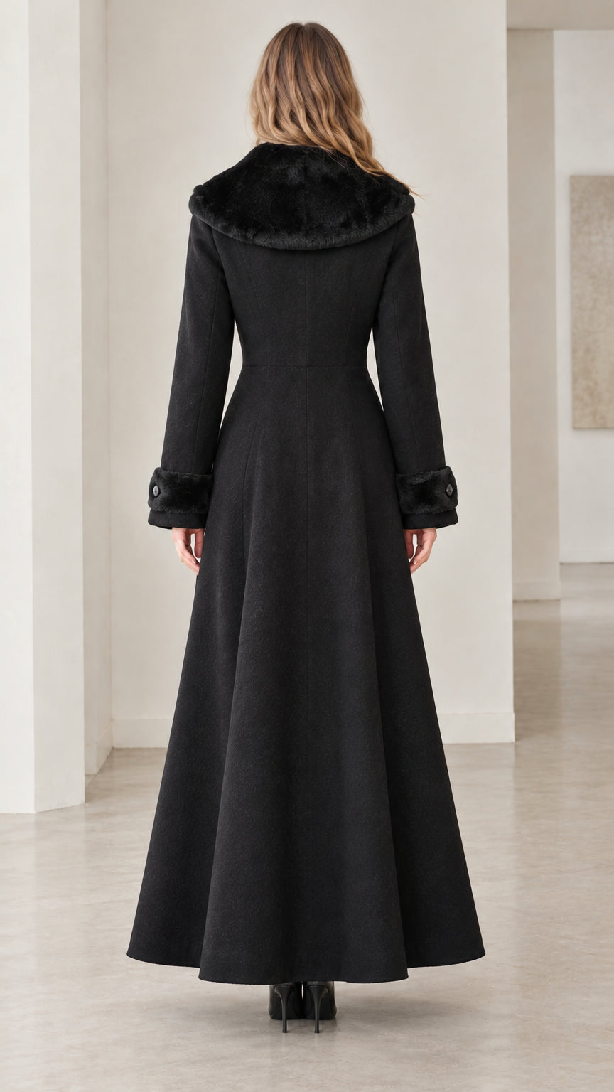 Back view of women's black maxi coat highlighting tailored back waist and broad faux-fur collar
