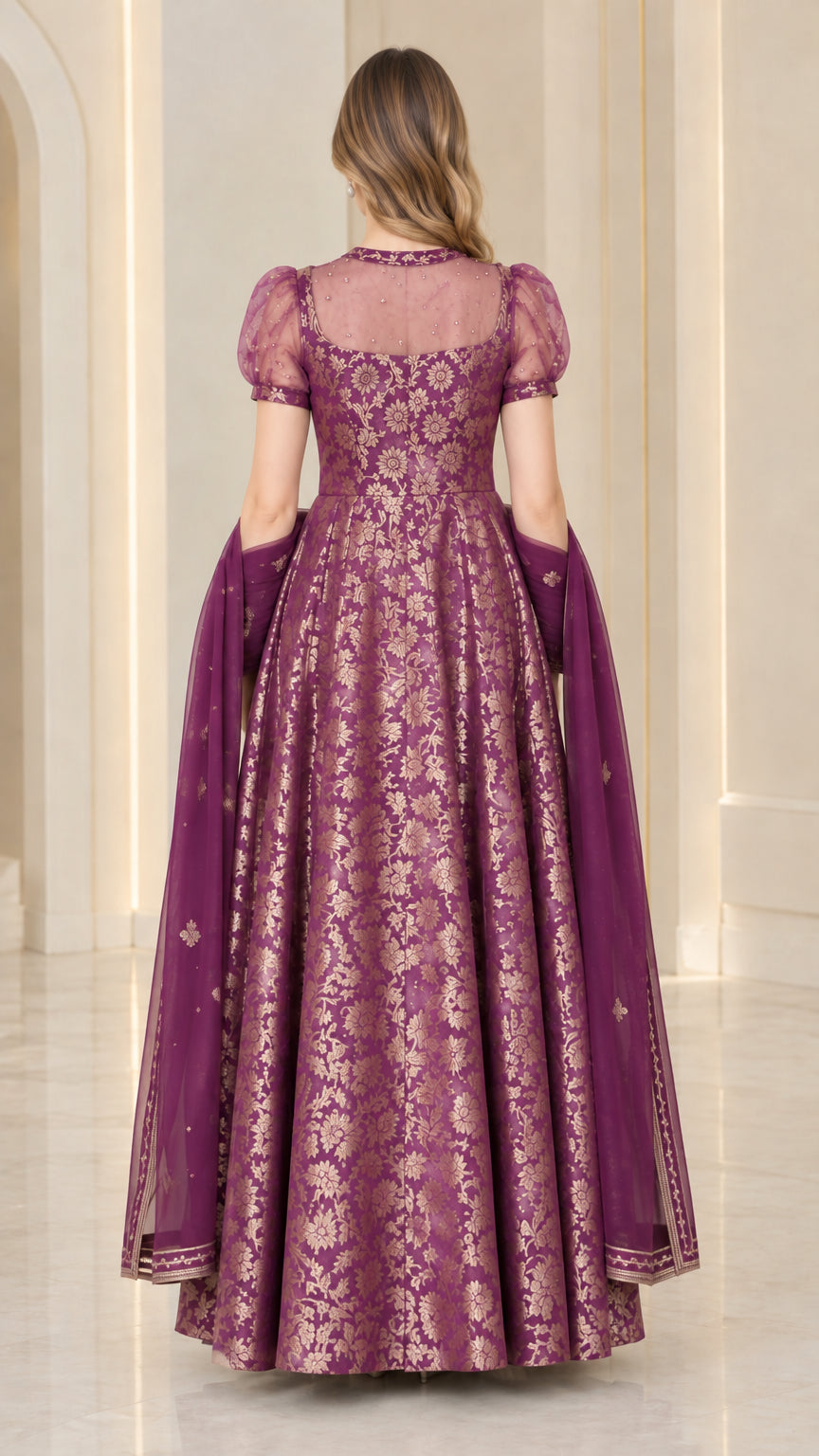 Purple floral jacquard formal gown featuring flared A-line skirt and sheer puff sleeves - back view