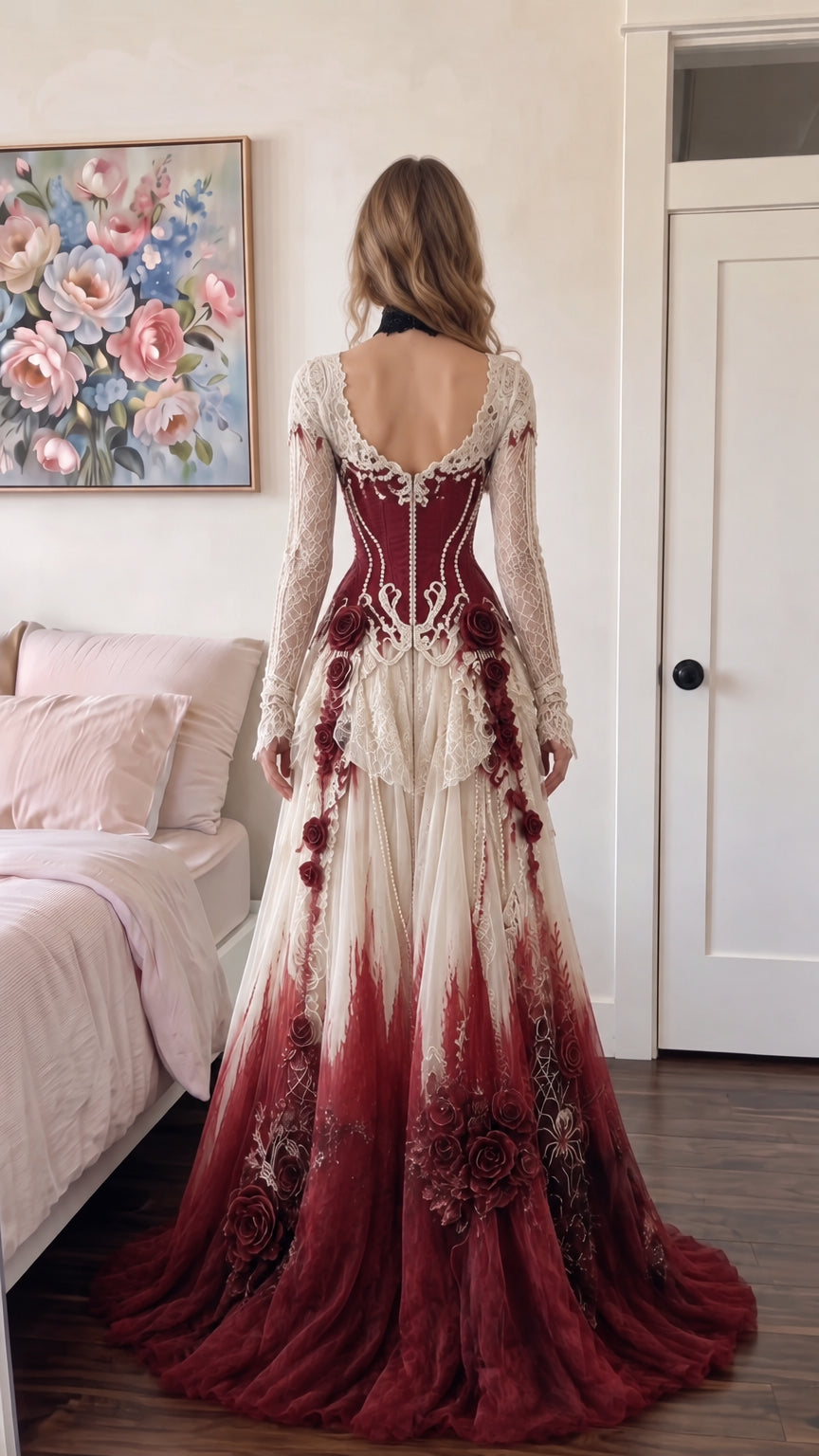 Back view of burgundy lace evening gown with low scoop back and floor-sweeping train