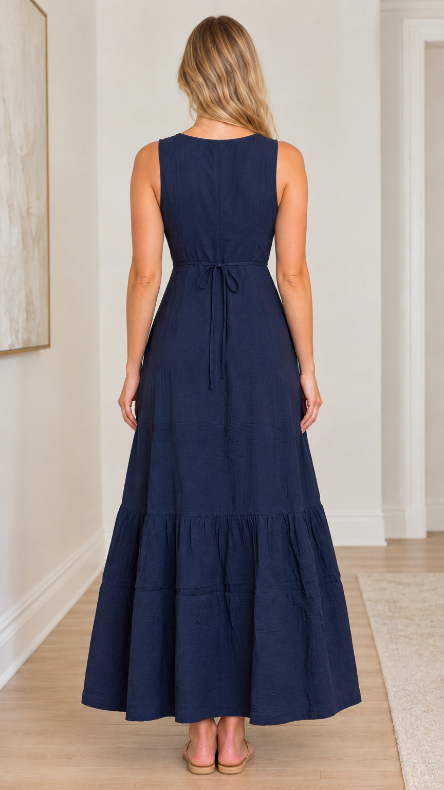 Back view of Navy Blue maxi dress highlighting adjustable waist tie detail