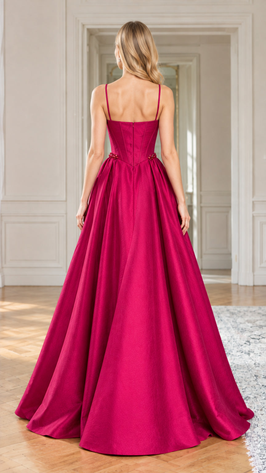 Back view of woman wearing magenta corset ball gown showing straight back and zip closure