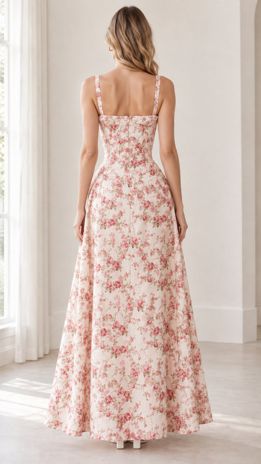 Back full-length view of pink floral maxi dress showing back strap construction and waist seam