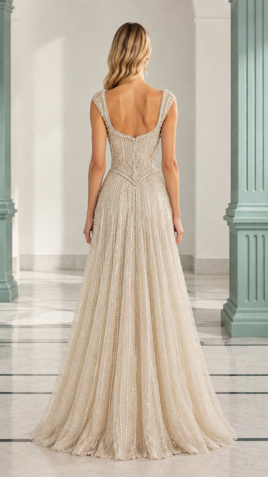 Back view of model in Champagne beaded evening dress featuring open scooped back and floor length