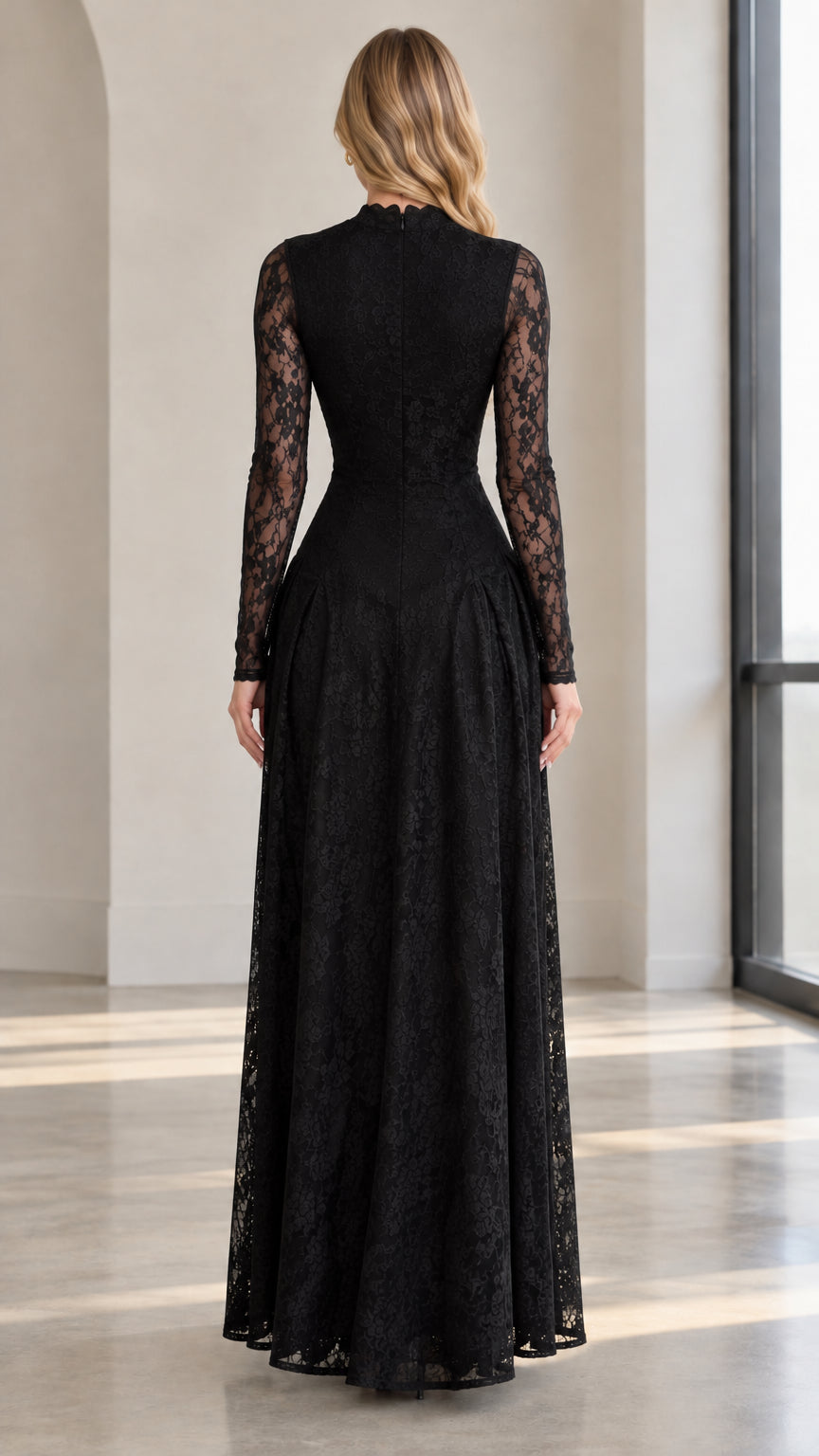 Rear view of black lace evening maxi dress showing fitted bodice and back zip