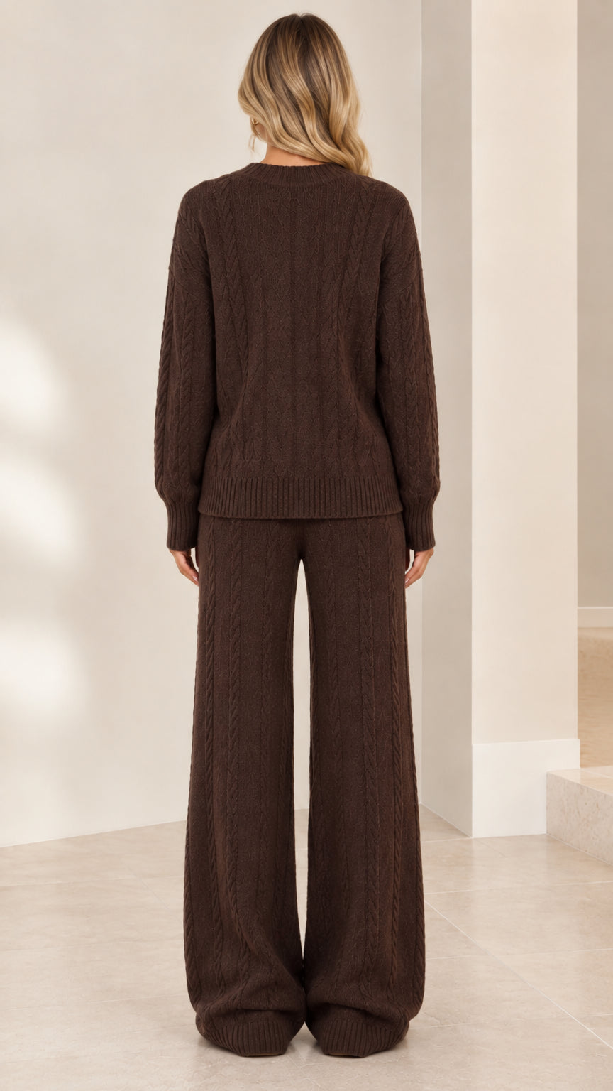 Back full-length view of model wearing brown cable knit matching set