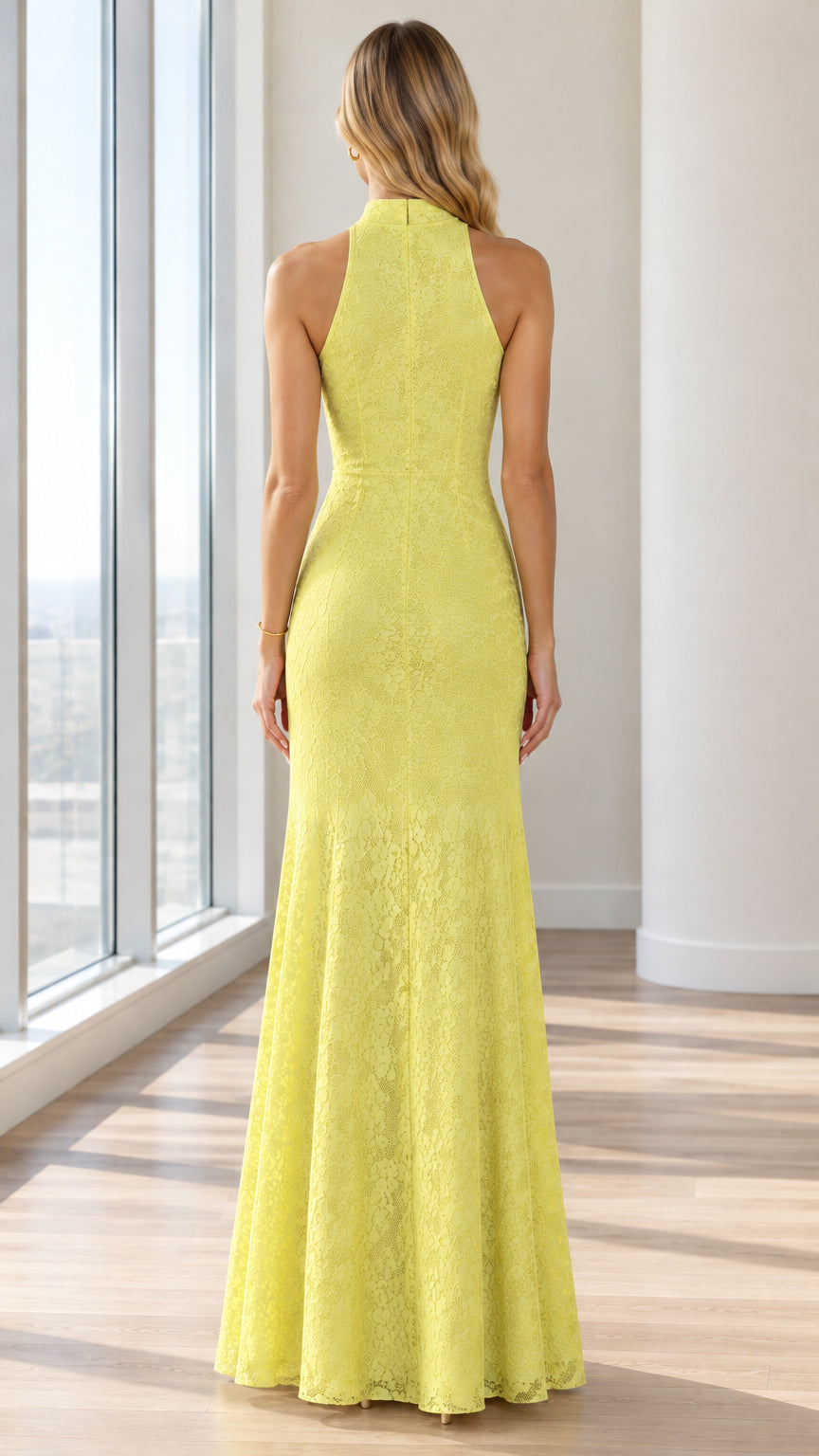 Back view of model wearing yellow high-neck lace evening maxi dress
