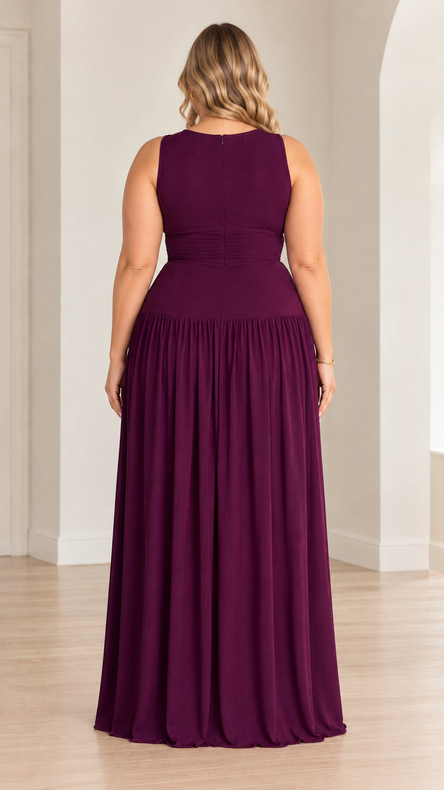 Back view of model showcasing high back and concealed zipper on plum maxi dress