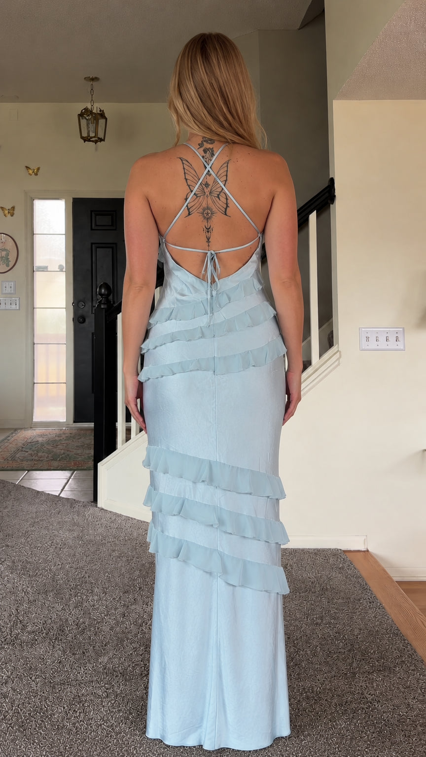 Light blue maxi dress back view showing strappy lace-up back