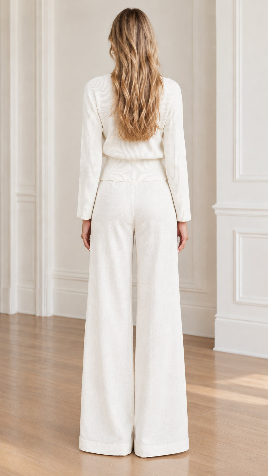 Back view of model wearing cream long-sleeve knit top and tailored wide-leg pants